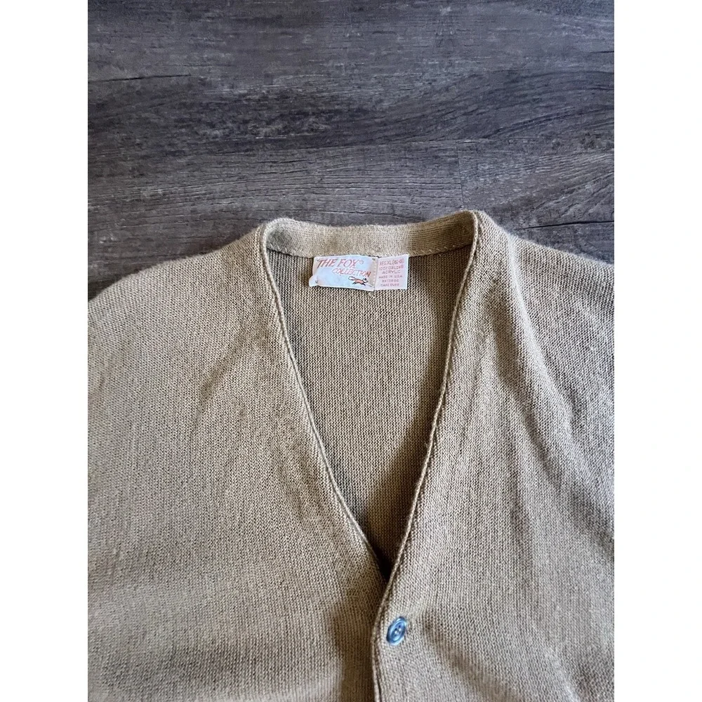 Vtg The Fox Sweater Mens‎ X-Large Camel V Neck Cardigan 80s 70s Grandpa USA A43